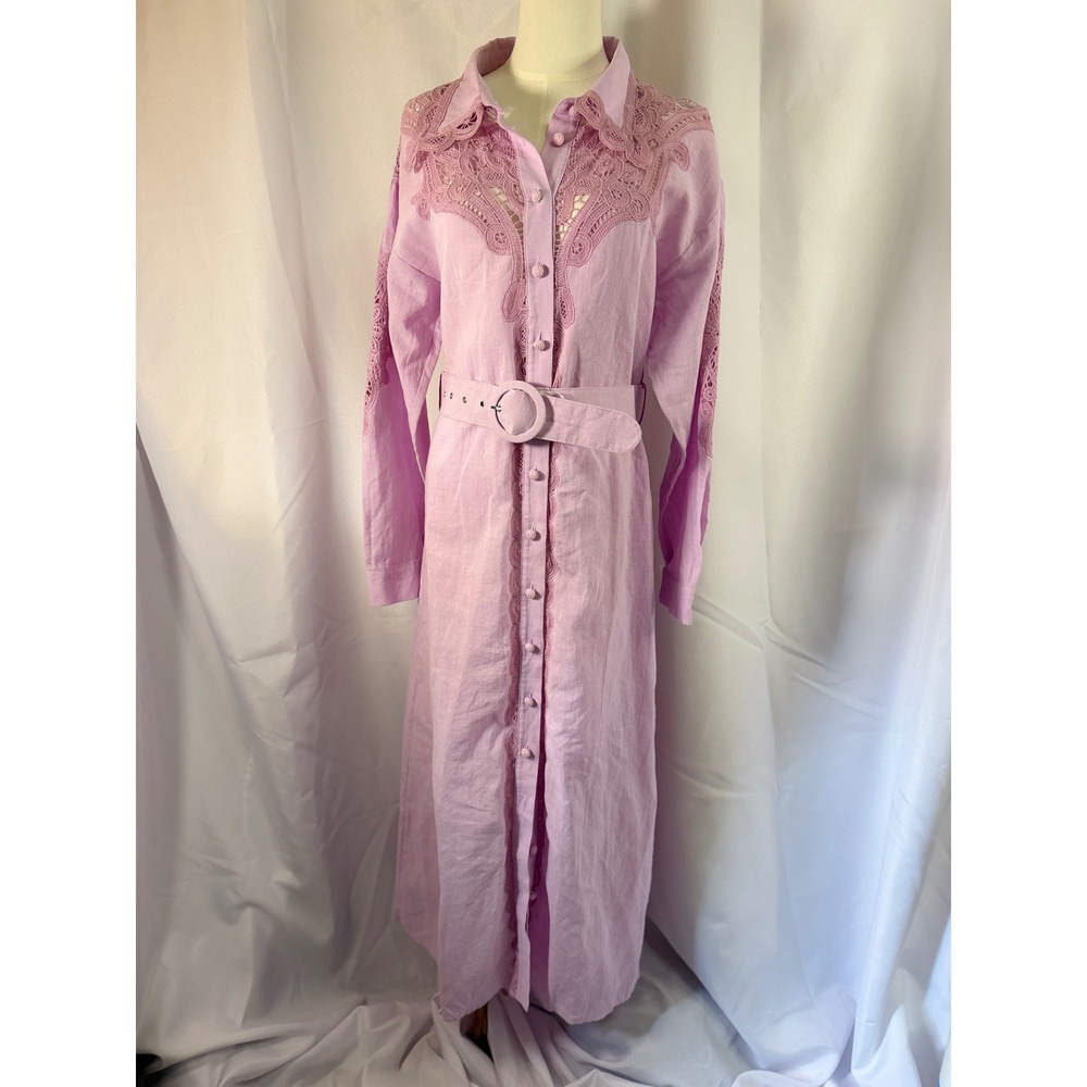 Dream Catcher Lilac Pink Ramie Crochet Lace Belted Shirtdress NWT Size M